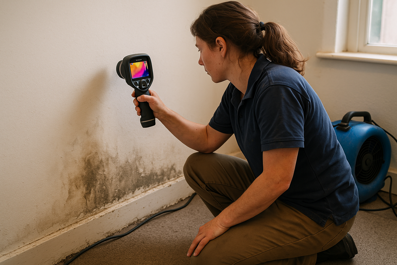 Use of FLIR thermal camera to scan wall for moisture