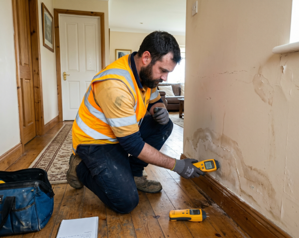 technician moisture meter wall inspection